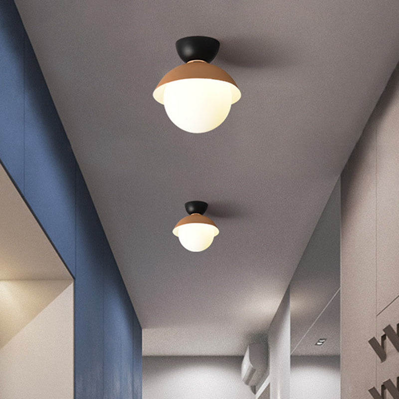 Contemporary Scandinavian Glass Iron Bowl-Shaped Round 1-Light Semi-Flush Mount Ceiling Light For Bedroom & Living Room