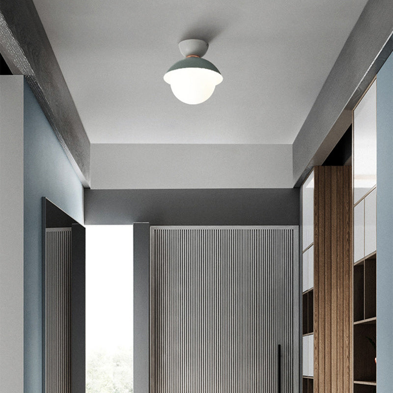 Contemporary Scandinavian Glass Iron Bowl-Shaped Round 1-Light Semi-Flush Mount Ceiling Light For Bedroom & Living Room