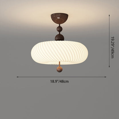 Traditional Chinese Iron Wood PE Wavy Wrinkled Round LED Semi-Flush Mount Ceiling Light For Living Room