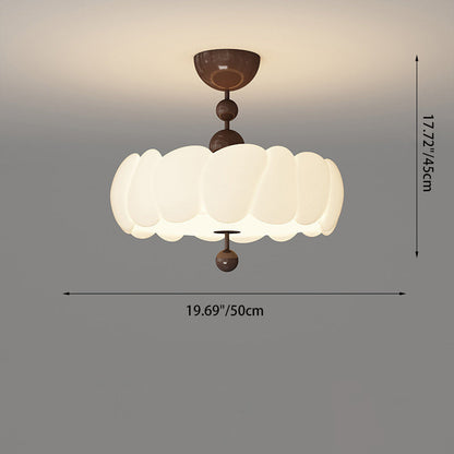 Traditional Chinese Iron Wood PE Wavy Wrinkled Round LED Semi-Flush Mount Ceiling Light For Living Room