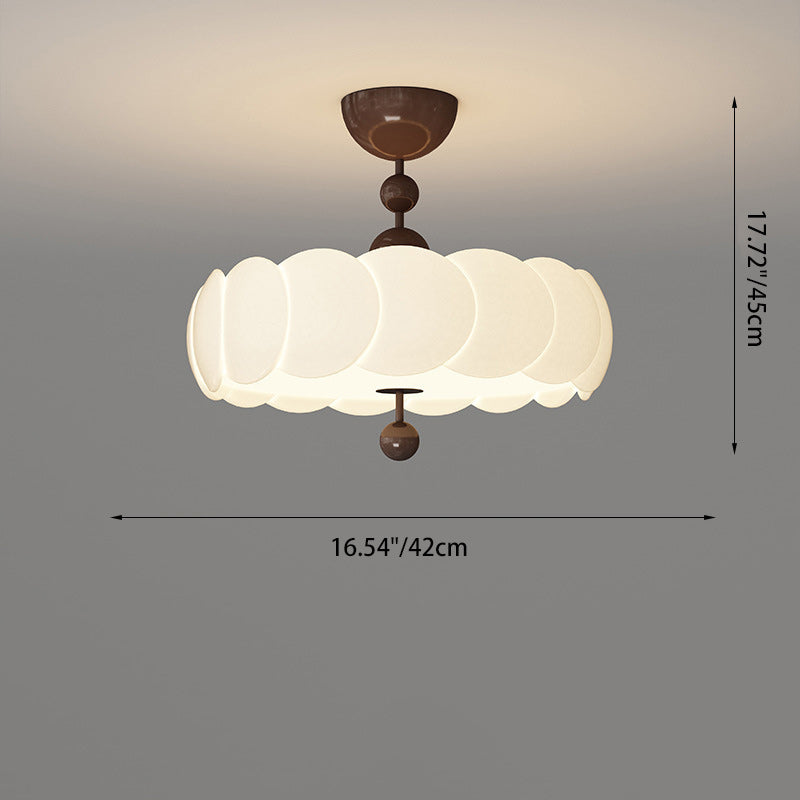 Traditional Chinese Iron Wood PE Wavy Wrinkled Round LED Semi-Flush Mount Ceiling Light For Living Room