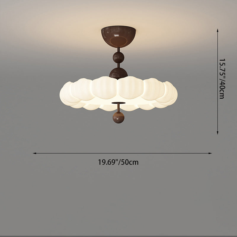 Traditional Chinese Iron Wood PE Wavy Wrinkled Round LED Semi-Flush Mount Ceiling Light For Living Room
