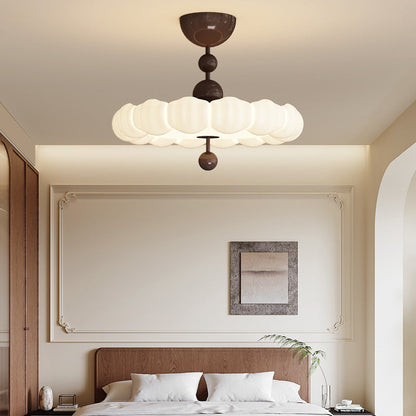 Traditional Chinese Iron Wood PE Wavy Wrinkled Round LED Semi-Flush Mount Ceiling Light For Living Room
