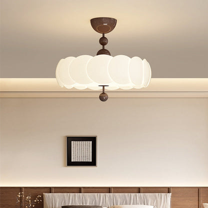 Traditional Chinese Iron Wood PE Wavy Wrinkled Round LED Semi-Flush Mount Ceiling Light For Living Room