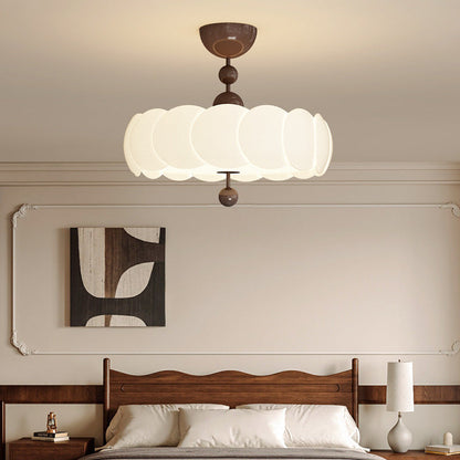 Traditional Chinese Iron Wood PE Wavy Wrinkled Round LED Semi-Flush Mount Ceiling Light For Living Room