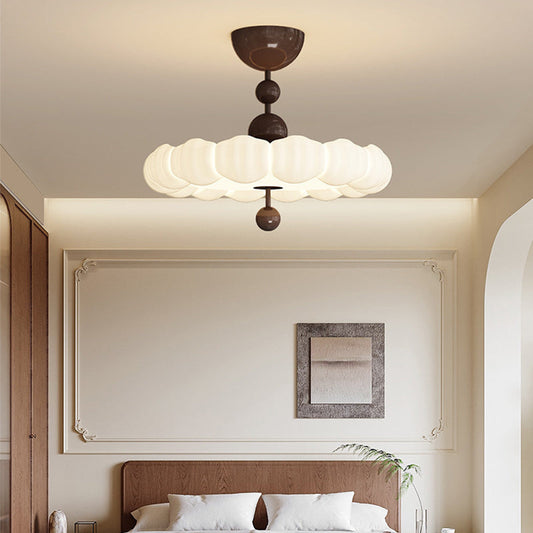 Traditional Chinese Iron Wood PE Wavy Wrinkled Round LED Semi-Flush Mount Ceiling Light For Living Room