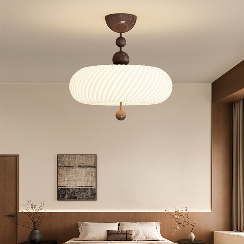 Traditional Chinese Iron Wood PE Wavy Wrinkled Round LED Semi-Flush Mount Ceiling Light For Living Room