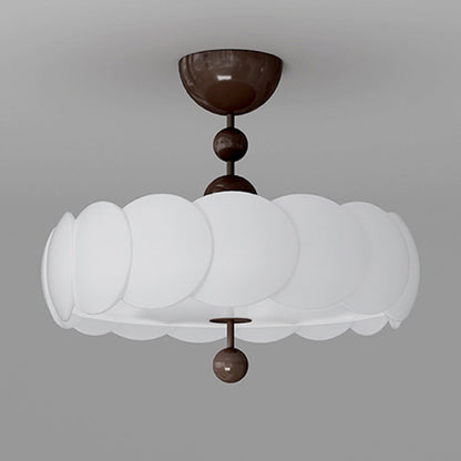 Traditional Chinese Iron Wood PE Wavy Wrinkled Round LED Semi-Flush Mount Ceiling Light For Living Room