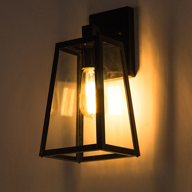 Traditional Vintage Iron Glass Lantern-Style Trapezoid 1-Light Wall Sconce Lamp For Outdoor
