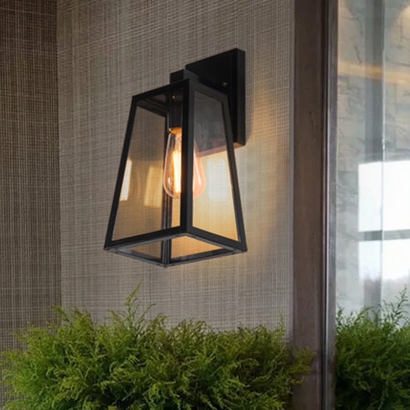 Traditional Vintage Iron Glass Lantern-Style Trapezoid 1-Light Wall Sconce Lamp For Outdoor