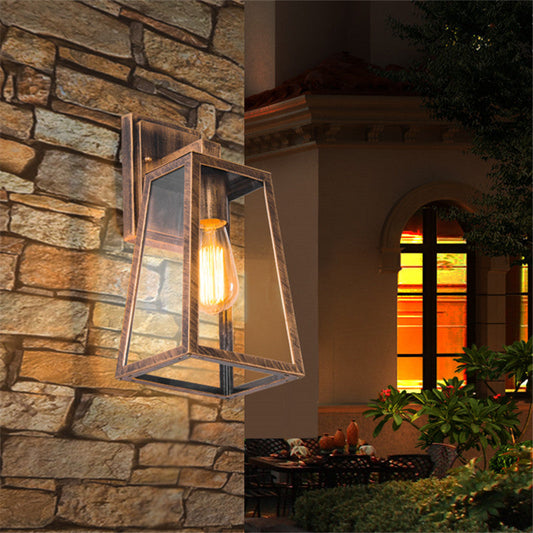 Traditional Vintage Iron Glass Lantern-Style Trapezoid 1-Light Wall Sconce Lamp For Outdoor