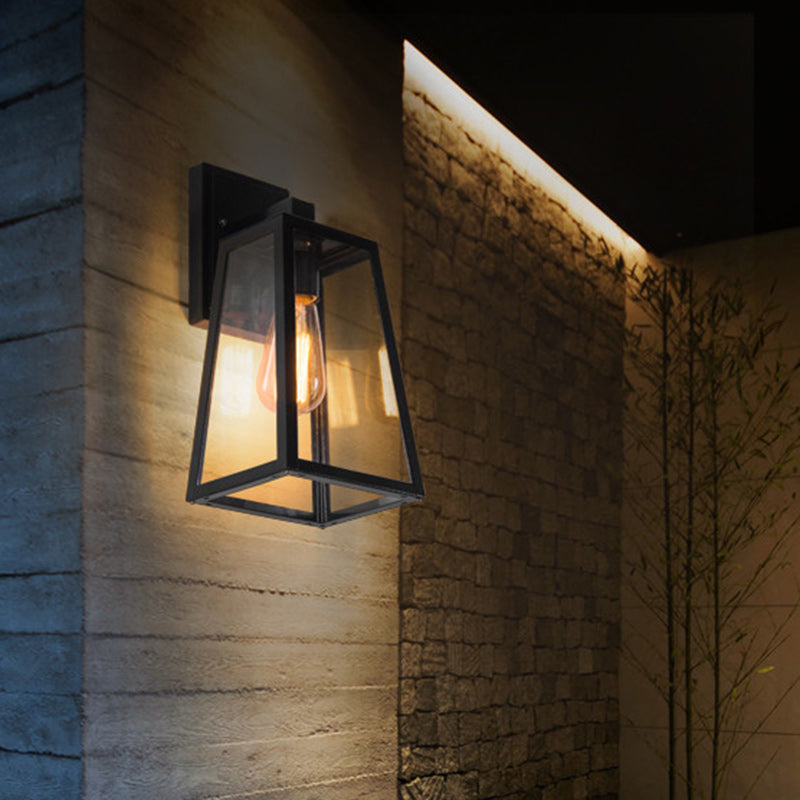 Traditional Vintage Iron Glass Lantern-Style Trapezoid 1-Light Wall Sconce Lamp For Outdoor