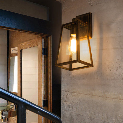 Traditional Vintage Iron Glass Lantern-Style Trapezoid 1-Light Wall Sconce Lamp For Outdoor