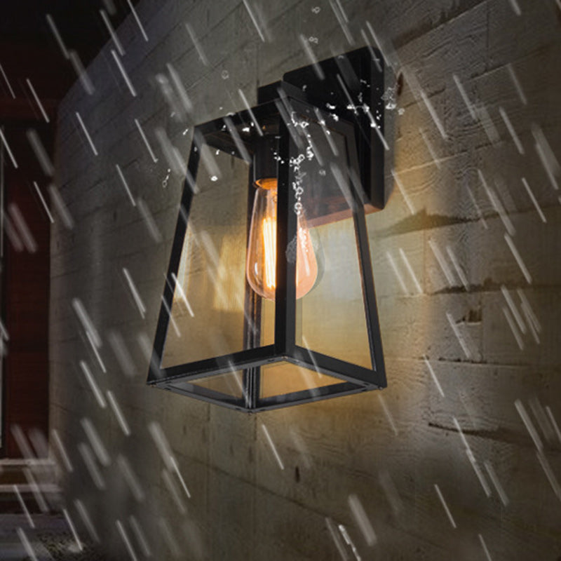 Traditional Vintage Iron Glass Lantern-Style Trapezoid 1-Light Wall Sconce Lamp For Outdoor