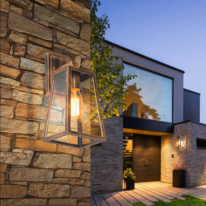 Traditional Vintage Iron Glass Lantern-Style Trapezoid 1-Light Wall Sconce Lamp For Outdoor
