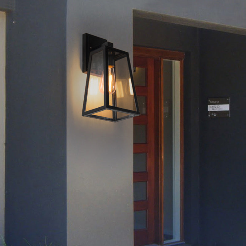 Traditional Vintage Iron Glass Lantern-Style Trapezoid 1-Light Wall Sconce Lamp For Outdoor