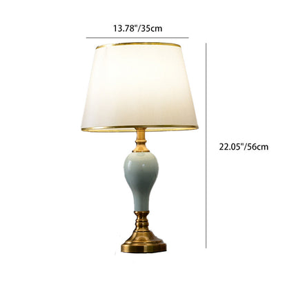 Traditional Chinese Brass Ceramic Fabric Round Fan-Shaped 1-Light Table Lamp For Bedroom