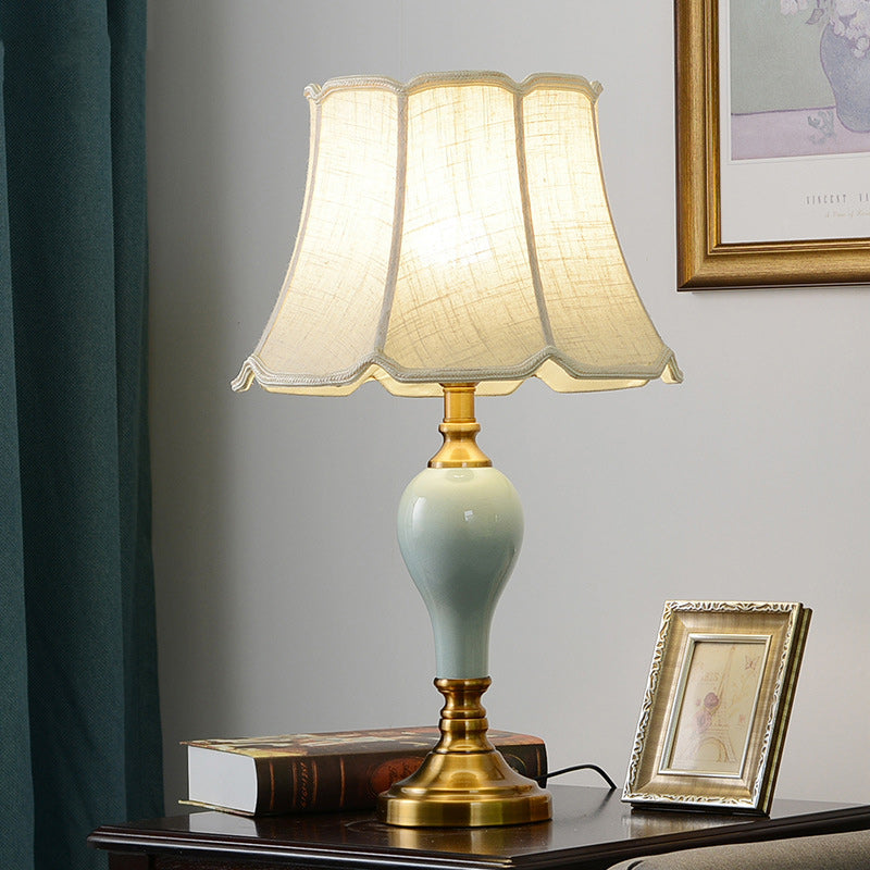 Traditional Chinese Brass Ceramic Fabric Round Fan-Shaped 1-Light Table Lamp For Bedroom