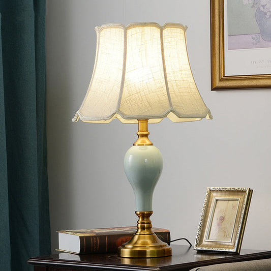 Traditional Chinese Brass Ceramic Fabric Round Fan-Shaped 1-Light Table Lamp For Bedroom