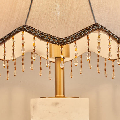 Traditional Chinese Alabaster Brass Fabric Umbrella-Shaped 1-Light Table Lamp For Bedroom