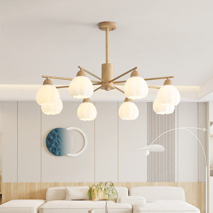 Traditional Japanese Wood PVC Iron Branch Round Cylinder 3/6/8-Light Chandelier For Living Room