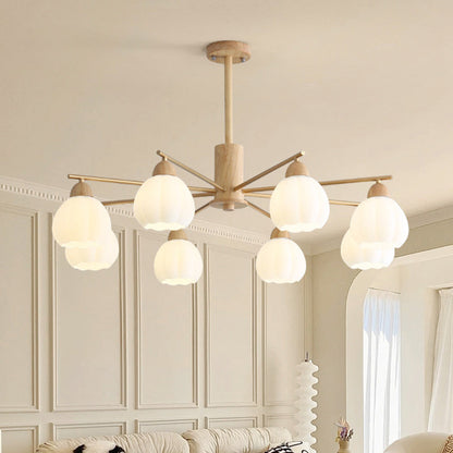 Traditional Japanese Wood PVC Iron Branch Round Cylinder 3/6/8-Light Chandelier For Living Room