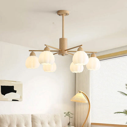 Traditional Japanese Wood PVC Iron Branch Round Cylinder 3/6/8-Light Chandelier For Living Room
