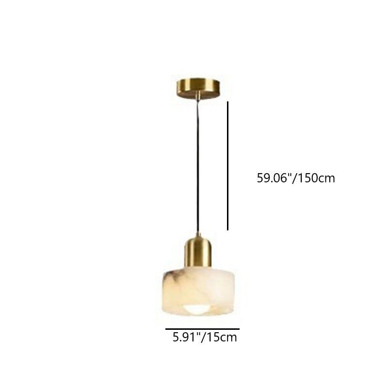 Traditional Chinese Alabaster Brass Round Cylinder 1-Light Pendant Light For Bedroom