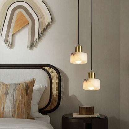 Traditional Chinese Alabaster Brass Round Cylinder 1-Light Pendant Light For Bedroom