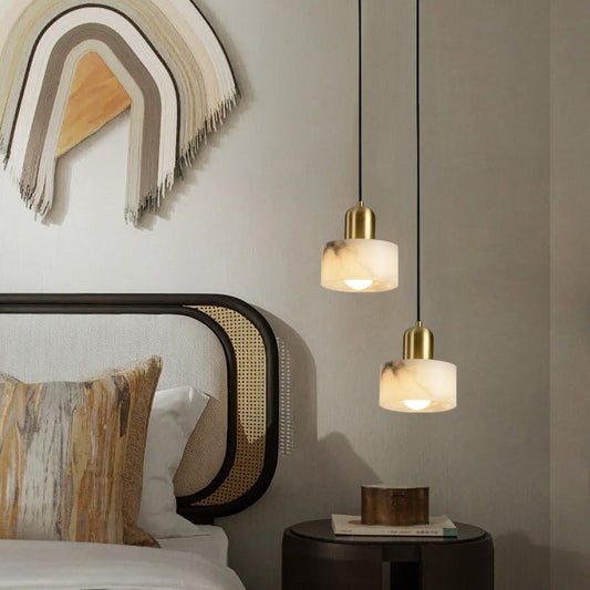 Traditional Chinese Alabaster Brass Round Cylinder 1-Light Pendant Light For Bedroom