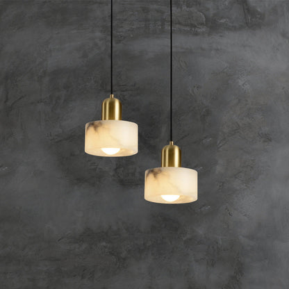 Traditional Chinese Alabaster Brass Round Cylinder 1-Light Pendant Light For Bedroom