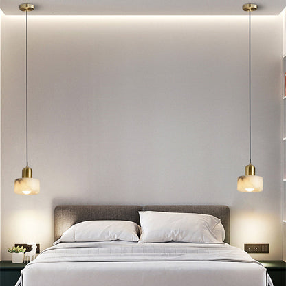Traditional Chinese Alabaster Brass Round Cylinder 1-Light Pendant Light For Bedroom