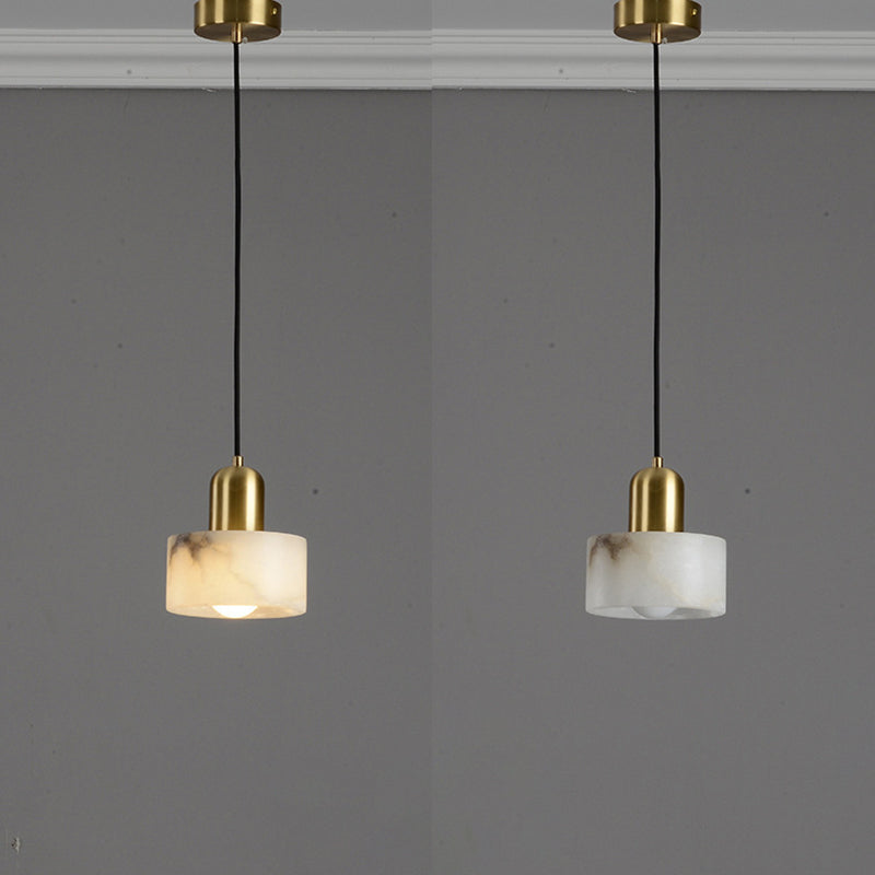 Traditional Chinese Alabaster Brass Round Cylinder 1-Light Pendant Light For Bedroom
