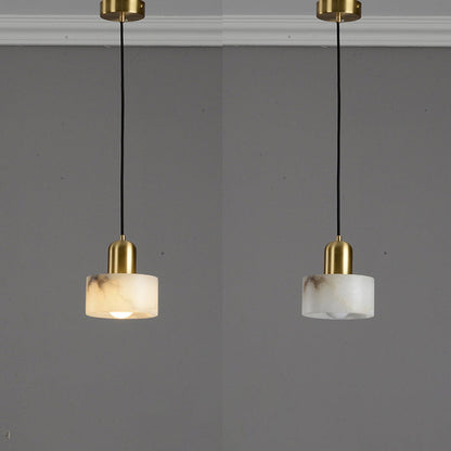 Traditional Chinese Alabaster Brass Round Cylinder 1-Light Pendant Light For Bedroom