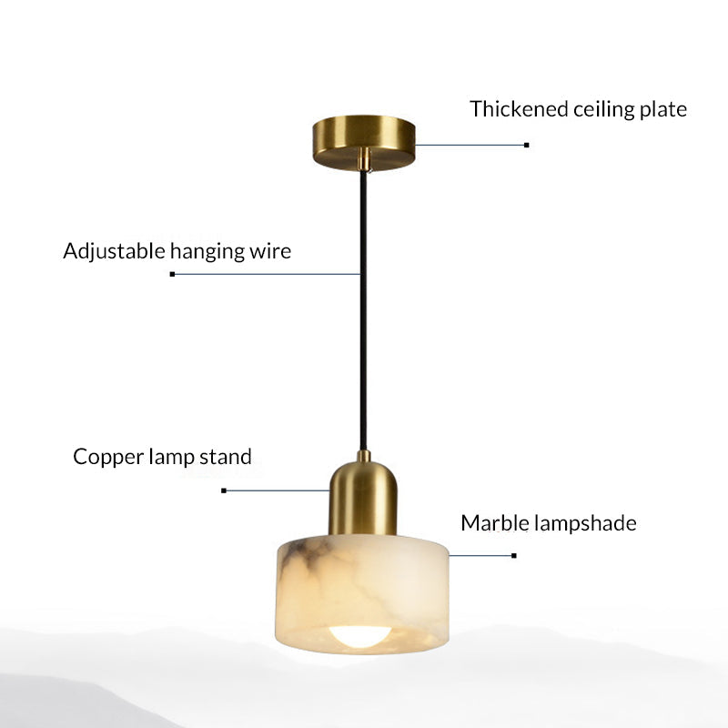 Traditional Chinese Alabaster Brass Round Cylinder 1-Light Pendant Light For Bedroom