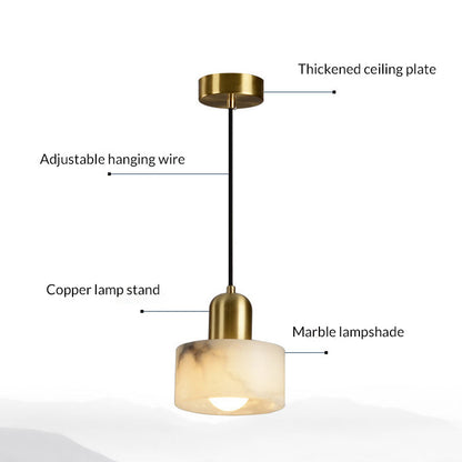 Traditional Chinese Alabaster Brass Round Cylinder 1-Light Pendant Light For Bedroom