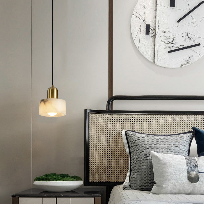Traditional Chinese Alabaster Brass Round Cylinder 1-Light Pendant Light For Bedroom