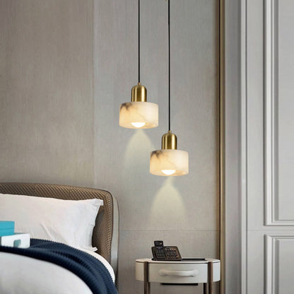 Traditional Chinese Alabaster Brass Round Cylinder 1-Light Pendant Light For Bedroom
