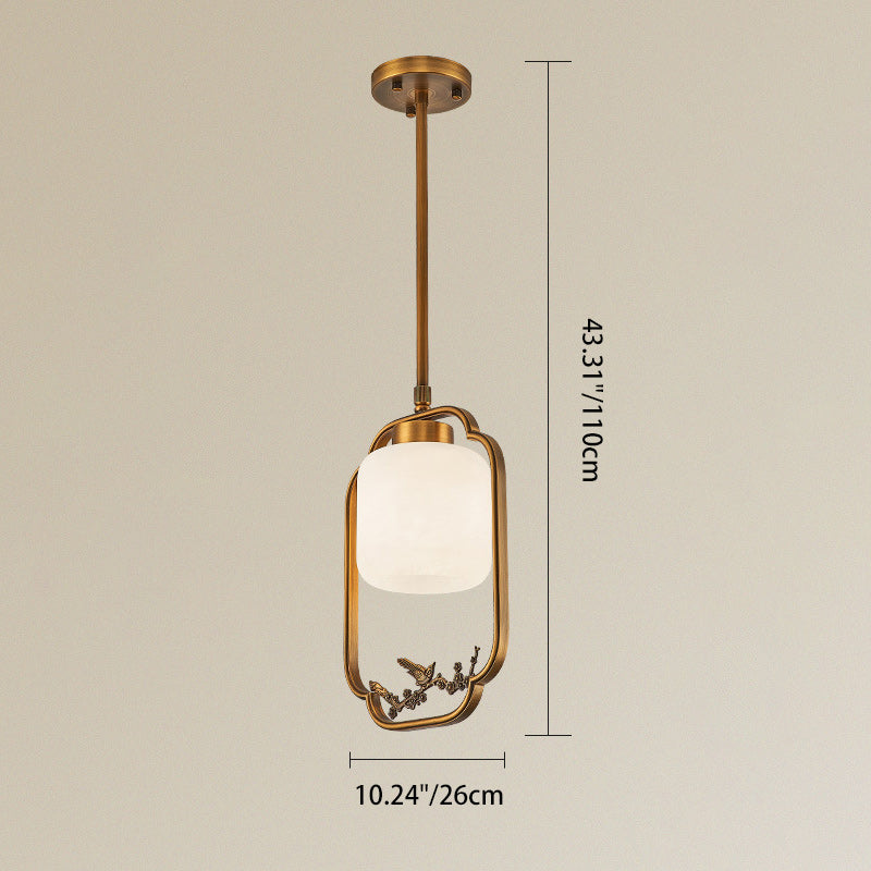 Traditional Chinese Brass Glass Alabaster Cylindrical Bird 1-Light Pendant Light For Living Room