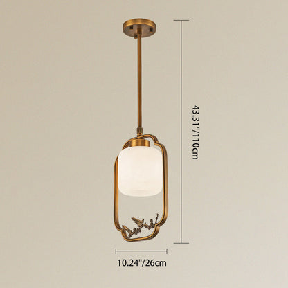 Traditional Chinese Brass Glass Alabaster Cylindrical Bird 1-Light Pendant Light For Living Room