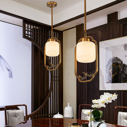 Traditional Chinese Brass Glass Alabaster Cylindrical Bird 1-Light Pendant Light For Living Room