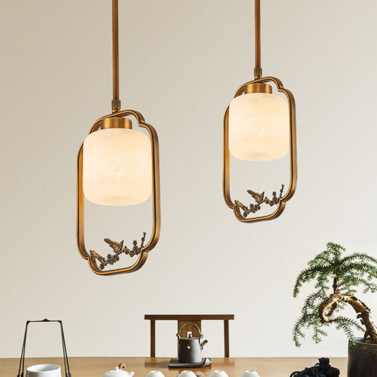Traditional Chinese Brass Glass Alabaster Cylindrical Bird 1-Light Pendant Light For Living Room