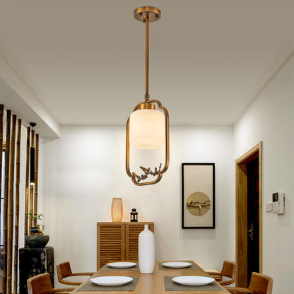Traditional Chinese Brass Glass Alabaster Cylindrical Bird 1-Light Pendant Light For Living Room