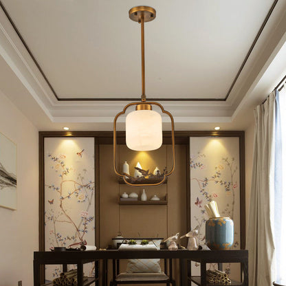 Traditional Chinese Brass Glass Alabaster Cylindrical Bird 1-Light Pendant Light For Living Room
