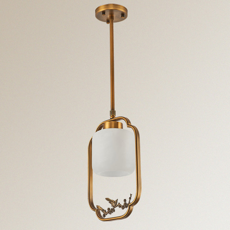 Traditional Chinese Brass Glass Alabaster Cylindrical Bird 1-Light Pendant Light For Living Room