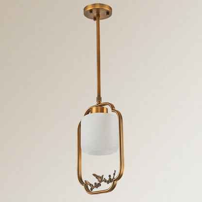 Traditional Chinese Brass Glass Alabaster Cylindrical Bird 1-Light Pendant Light For Living Room
