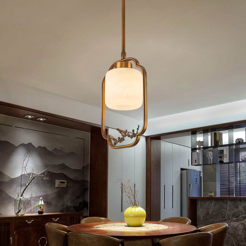 Traditional Chinese Brass Glass Alabaster Cylindrical Bird 1-Light Pendant Light For Living Room