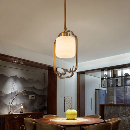Traditional Chinese Brass Glass Alabaster Cylindrical Bird 1-Light Pendant Light For Living Room