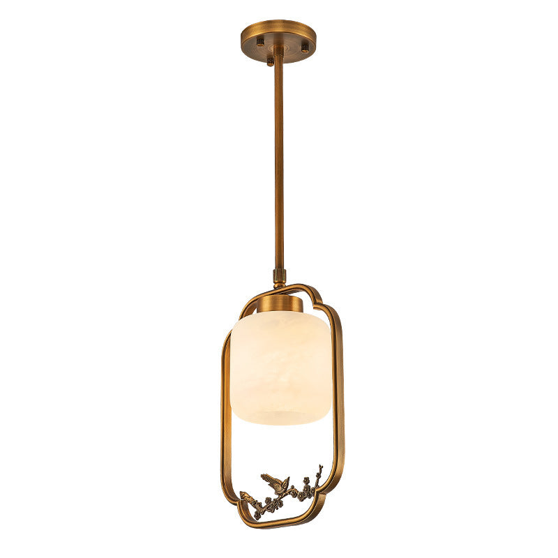 Traditional Chinese Brass Glass Alabaster Cylindrical Bird 1-Light Pendant Light For Living Room