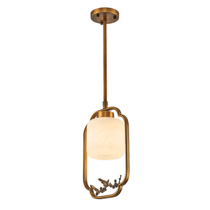 Traditional Chinese Brass Glass Alabaster Cylindrical Bird 1-Light Pendant Light For Living Room